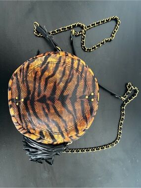 Jerome Dreyfuss Remi round Tiger-Print Crossbody Bag with Chain Strap